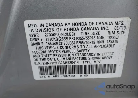 2010 Acura Mdx Technology Package from USA, damaged, VIN 2HNYD2H62AH520414